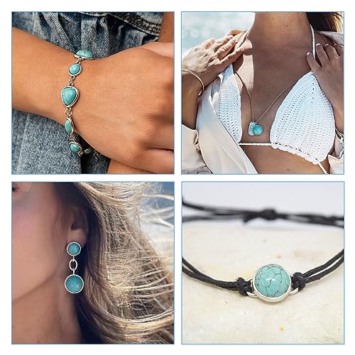 Pandahall 70Pcs Tibetan Style Teardrop Turquoise Connector Charms - Round Bohemian Earring Retro Antique Silver Western Link for DIY Boho Necklace Jewelry Making