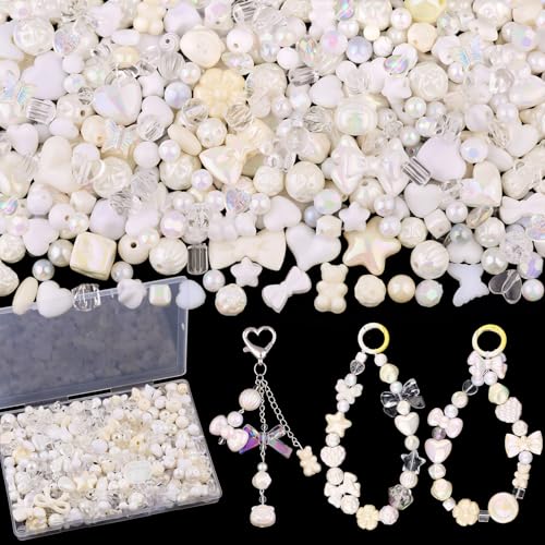 200-260PCS TINKRSTUFF Assorted Acrylic Beads White Cute Beads for Bracelet Making,Bow Aesthetic Star Flower Butterfly GummyBear Kawaii Charms for Jewelry Necklace Making DIY Keychain Phone Charm - color: White-150g