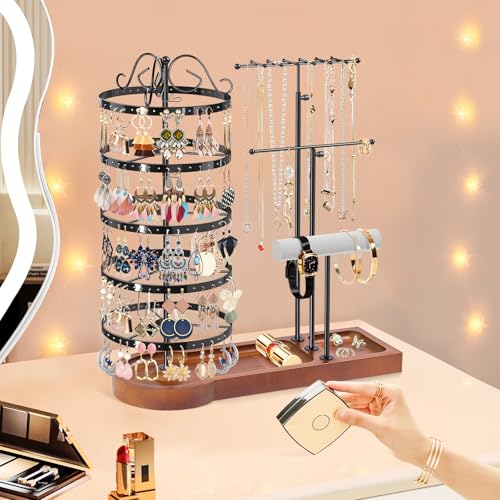 KALYLOC Jewelry Earring Holder Organizer, Adjustable 5 Tiers Rotating Earring Holder 3 Tier Necklace Holder with Wooden Base, Multi-Functional Jewelry Organizer Display Stand for Studs Bracelet Women - color: Black