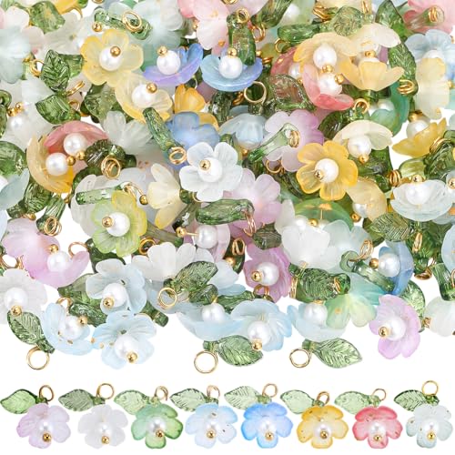 SUNNYCLUE 1 Box 160Pcs 8 Colors Flower Pearl Charms Floral Charm with Green Leaf Acrylic Spring Blooming Flowers Pendants for Jewelry Making DIY Crafts Necklace Earring Bracelets Keychains Accessories - style: Flowe 2