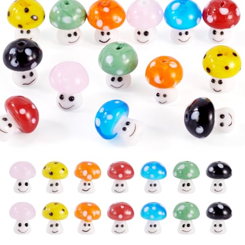 14Pcs Mushroom Lampwork Beads Cute Happy Smiling Face Mushroom Glass Beads Vegetable Food Bead Forest Plant Loose Spacer Bead for DIY Crafts Earring Necklace Bracelet Jewelry Making - color: Mixed Color-Smiling Face