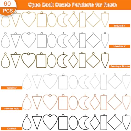 Oubaka 60Pcs Open Back Bezels Pendants,10 Styles Hollow Frame Pendants Casting Frame Pendant Open Back Bezel Pendant for Jewelry Findings,Earrings,Necklace,Bracelet,DIY Crafts(6 Colors) - color: 6 Colors;6 Styles