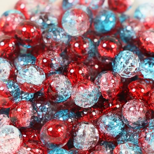 100Pcs 10mm Crackle Glass Beads for Jewelry Making - Round Spacer Crystal Beads Bulk, DIY Craft Supplies for Necklace Bracelet Earrings (Red Blue Transparent) - color: Red Blue Transparent