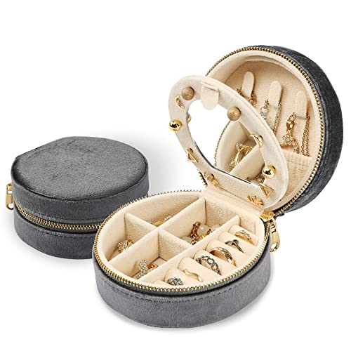 Dajasan Velvet Jewelry Organizer, Mini Travel Jewelry Case, Small Portable Travel Organizer Box with Mirror for Women Girls (Grey) - color: Grey 1, size: Round Mirror
