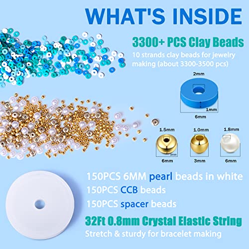 AceFun 3750PCS Clay Beads for Bracelets Making Polymer Clay Beads Kit with Pearl Beads Spacer Beads, Disc Heishi Beads Set for Jewelry Making Necklace Bracelet Earrings Finding, Blue Mixed - color: Blue Mixed