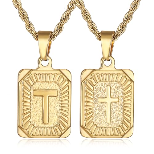 SKQIR initial Letter Necklaces for Men,Stainless Steel Plated A Z Square Pandent Letter Necklace for Women,Cross Necklace with Letter Chain Pendant for Boys Stocking Stuffers Christmas New Year Gifts for Men Women - color: Gold, style: Cross T