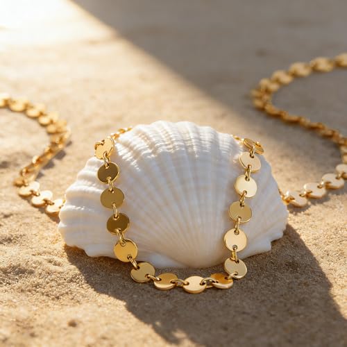 Dremmy Studios Dainty Gold Choker Necklace for Women 14K Gold Plated Coin Disc Figaro Layered Beaded Flat Mariner Sideways Cross Wishbone Link Clavicle Necklaces - style: Coin