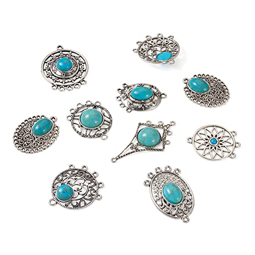 Mega Pet 16Pcs Turquoise Alloy Chandelier Components Tibetan Style Flat Round Oval with Stone Connector Charms Antique Filigree Link Charms for Women DIY Necklace Earring Jewelry Making - color: Mixed Shapes
