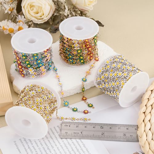 SMYHTGLIF 9.8 Feet White Flower Chain Bulk Stainless Steel Daisy Chain for Jewelry Making Gold Craft Jewelry Findings - color: White Gold