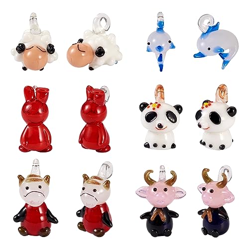 FASHEWELRY 12Pcs Animals Lampwork Glass Charms Cute Lampwork Penadants Cartoon Cattle Panda Rabbit Dolphin Sheep Charms for DIY Bracelet Jewelry Making - color: Animals Set