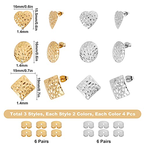 SUNNYCLUE 1 Box 12 Pairs 3 Styles Stainless Steel Stud Earring Geometric Flat Round Heart Square Earring Findings with Hole for Women Adults DIY Jewelry Making - color: 12 Pairs Mixed Color Stud Earring Findings