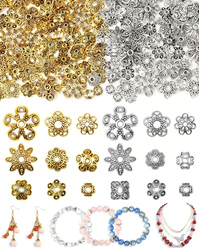 FIVEIZERO 240 Pcs Bead Caps for Jewelry Making, 18 Styles Silver & Gold Flower Bead Caps, Multi-Petal 6mm–16mm for Earrings, Bracelets & Necklaces - color: Antique Gold & Antique Silver