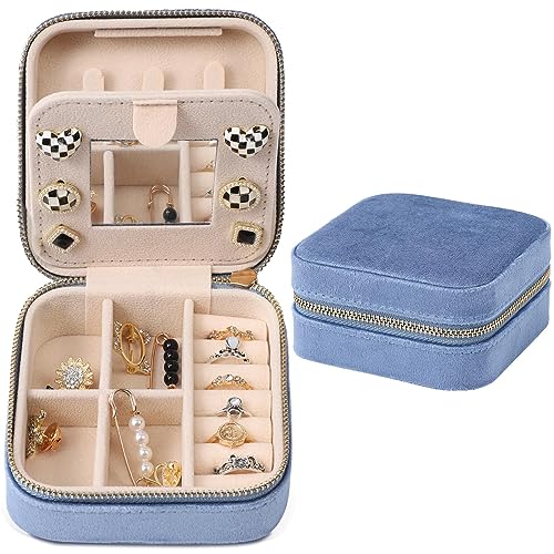Dajasan Velvet Travel Jewelry Box, Mini Travel Jewelry Case, Small Portable Travel Jewelry Organizer Box with Mirror for Women Girls (blue), 3-layer - color: Blue 3, size: Small
