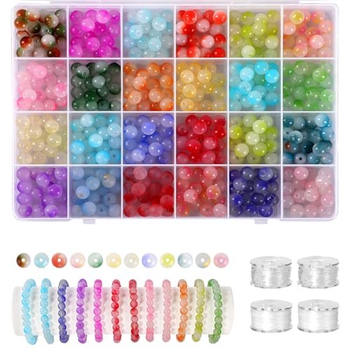 408 Pcs 8mm Glass Beads for Jewelry Making, 24 Colors Crystal Beads Bracelet Making Kit for DIY Crafts - color: multicolor