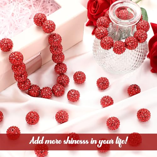 40 Pcs 20 mm Rhinestone Beads Bulk Crystal Round Disco Ball Chunky Bubblegum Beads for Pens Bracelets Charms Craft European Style Jewelry Making Supplies Christmas(Red) - color: Red
