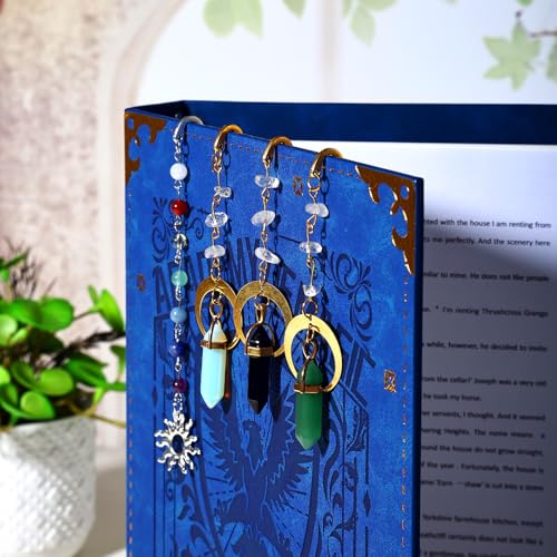 Vintage Metal Bookmark Pendant with Natural Crystal Stones Green Aventurine Bead Chain–Elegant Moon Bookmarks for Women,Men,Book Lovers,Teachers and Girls(Green Jade) - style: Green Jade