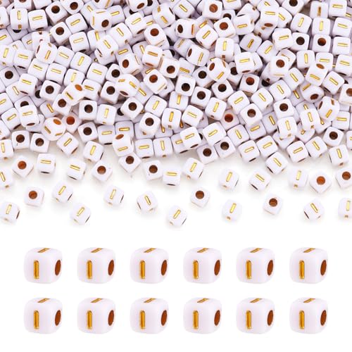 FASHEWELRY 500Pcs White Golden Letter Beads 4.5mm Square Alphabet Beads Acrylic Cube Letter I Beads for Friendship Bracelet Necklace Keychains Jewelry Making - color: Letter I