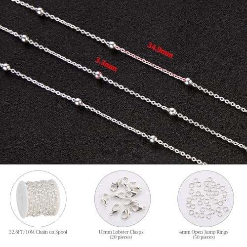 KYUNHOO 32.8 Feet Beaded Chain for Jewelry Making Thin Cable Chains Bulk Silver Jewelry Supplies for Women Men DIY Handcrafts with Lobster Clasps Jump Rings - color: Bead Silver