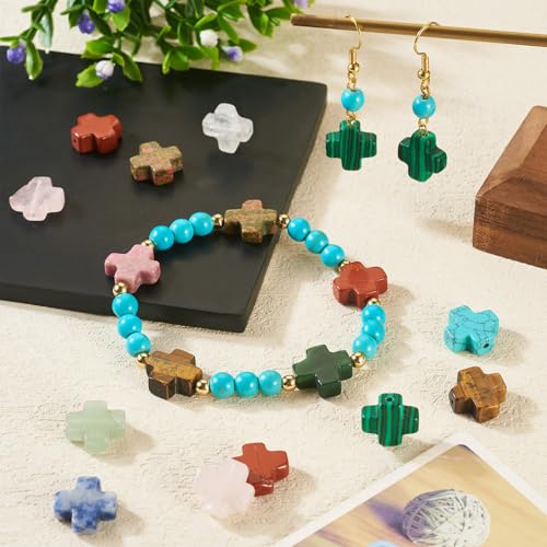 22 Pcs Natural Gemstone Cross Beads 12.5-13mm Cross Crucifix Beads Mixed Turquoise Bead Crystal Crucifix Charms for Easter Holiday Eid Mubarak Ramadan Jewelry Making - color: 11 Colors-Mix Stones