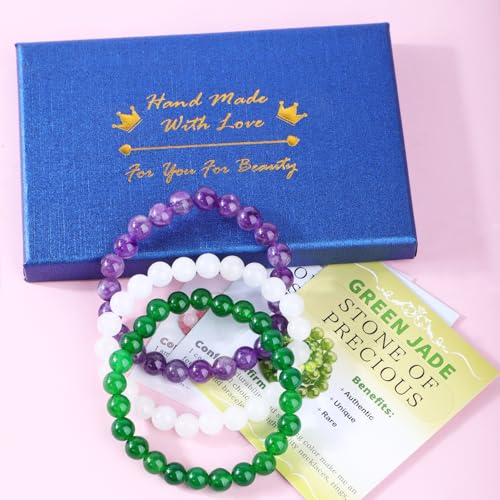 2/3-Pieces 4mm 6mm 8mm Natural Crystal Gemstone – Handmade Reiki Energy Healing Stretch Bracelets Jewelry for Yoga, Meditation, Unisex - color: 3 Pieces (Amethyst&GreenJade&WhiteJade), size: 8mm