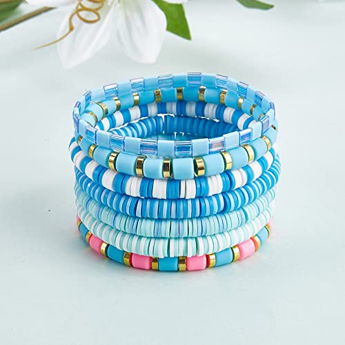 Ornaland 7Pcs Handmade Polymer Clay Heishi Surfer Stretch Bracelets Set Colorful Glass Beads Bracelets Boho Stackable Preppy Bracelets Wrist Jewelry for Women - color: light blue