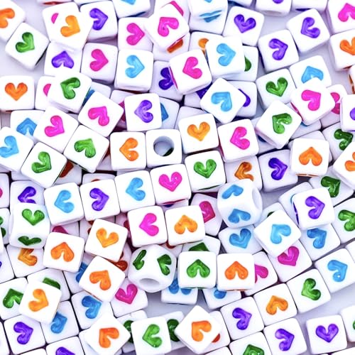 800Pcs Square Heart Beads, 6X6mm White and Colorful Heart Beads for Friendship Bracelets Making - color: Colorful Heart White Beads