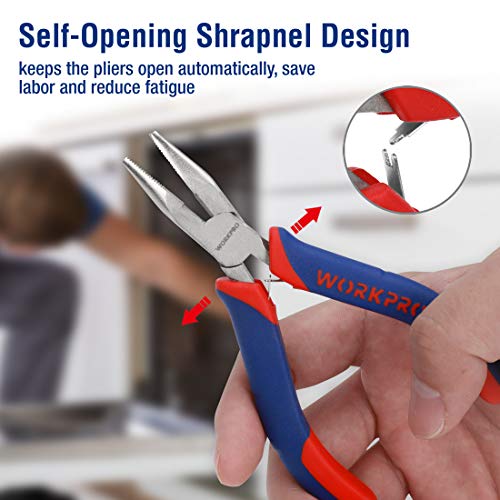 WORKPRO 6-piece Mini Pliers Set - Needle Nose, Diagonal, Long Nose, Bent Nose, End Cutting and Linesman, for Making Crafts, Repairing Electronic Devices, with Pouch - color: Blue