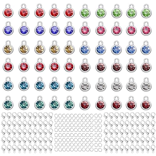 BetterJonny 260pcs Charms for Jewelry Making, 60pcs Gold Crystal Birthstone Charms Beads with 100 Lobster Clasps and 100 Jump Ring for Necklace Bracelet Earring - color: （#A）Silver Round