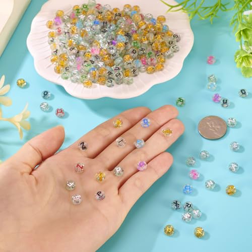 400Pcs Clear Glitter Letter Beads 7x3.5mm Acrylic Transparent Alphabet Spacer Beads Small Pony Bead for Friendship Bracelet Necklace Keychain Crafts Jewelry Making - color: Transparent, Flat Round, size: 7x3.5mm