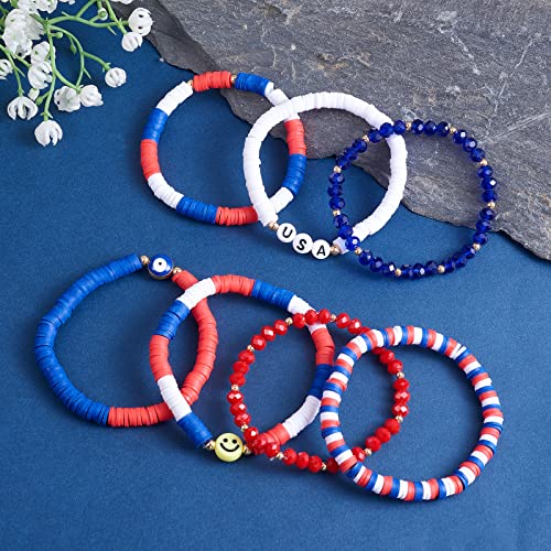Ornaland 7Pcs Handmade Polymer Clay Heishi Surfer Stretch Bracelets Set Colorful Glass Beads Bracelets Boho Stackable Preppy Bracelets Wrist Jewelry for Women - color: blue 2