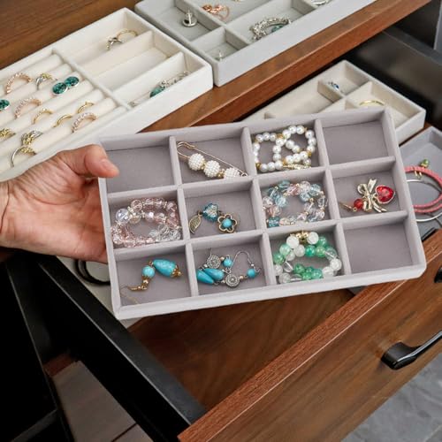 2Pcs 5 x 8.3 Inch Velvet Jewelry Trays Stackable Jewelry Organizer Removable Divider 12 Grids Divided Gray Necklace Storage Container Box Dresser Drawer Case for Earring Ring Display Showcase - style: 12 Grids