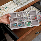 2Pcs 5 x 8.3 Inch Velvet Jewelry Trays Stackable Jewelry Organizer Removable Divider 12 Grids Divided Gray Necklace Storage Container Box Dresser Drawer Case for Earring Ring Display Showcase - style: 12 Grids