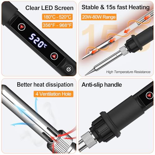 Soldering Iron Kit 80W LED Soldering Gun Adjustable Temp 356-968℉ 15s Fast Heating Electronics Welding Tools Precision Repair with Solder Wire, 5 Soldering Tips, Desoldering Pump, Stand, Tweezers