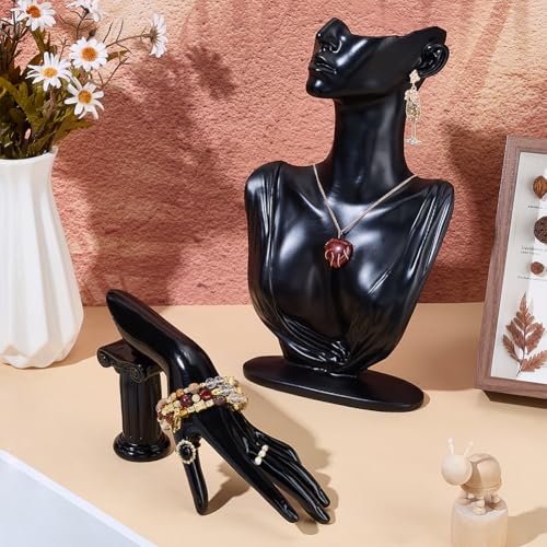 UNICRAFTALE 2pcs Jewelry Mannequin Display Set Black Resin Side Body Model Bust Shaped Jewelrys Necklace Displays Stands with Mannequin Hand Bracelet Necklace Ring Display Stand for Jewelry Displays - color: Black