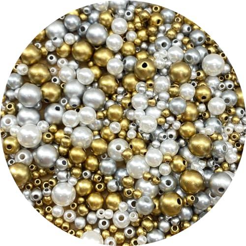 30g Mixed 3-8mm Pearl Beads Round Loose Satin Pearls Plastic Crafts Beads for Jewelry Making Earring Bracelet Necklace Key Chains Vase Fillers Home Decoration (Mixed Gold Silver Series) - color: Mixed Gold Silver Series