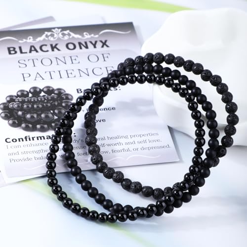 2/3-Pieces 4mm 6mm 8mm Natural Crystal Gemstone – Handmade Reiki Energy Healing Stretch Bracelets Jewelry for Yoga, Meditation, Unisex - color: 3 Pieces (BlackLava&BlackOnyx&MatteBlackAgate), size: 4mm