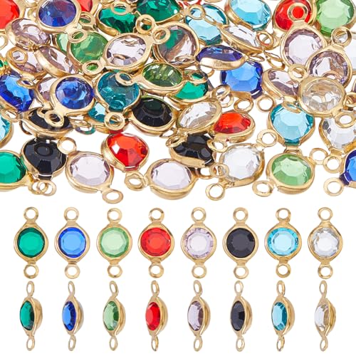 48Pcs Rhinestone Connector Charms 8 Colors Flat Round Stainless Steel Link Charms Crystal Glass Linking Pendant for Jewelry Necklace Bracelets Earrings Making DIY Crafts