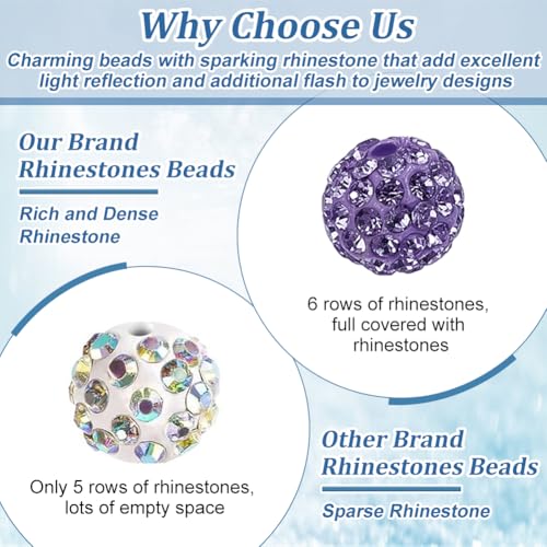 PH PandaHall 100pcs Purple Polymer Clay Beads with Rhinestones, 10mm Round Disco Ball Beads for Jewelry Making - color: Purple