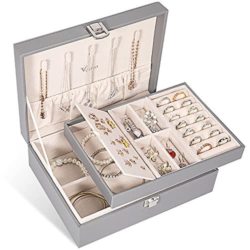 Voova Jewelry Box Organizer for Women Girls,2 Layer Large Men Jewelry Storage Case, PU Leather Display Jewellery Holder with Removable Tray for Necklace Earrings Rings, Grey - color: Grey