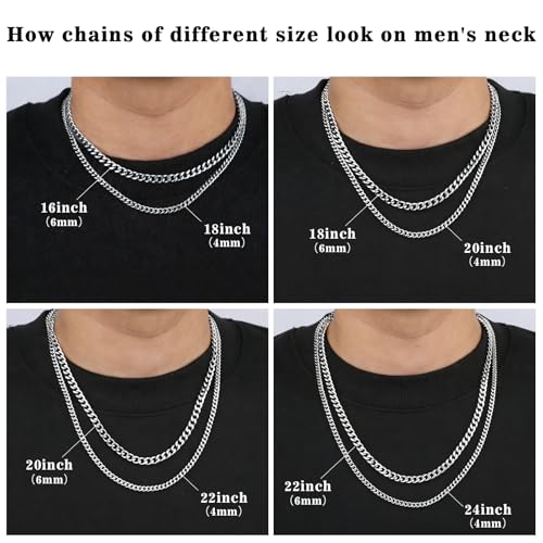 2PCS Cuban Link Chain Set for Men - Gold/Silver Plated Stainless Steel Layered Chain Necklace Non-Tarnish Jewelry Gift 16"/18", 18"/20", 20"/22", 22"/24" - color: Silver Chain, size: 16inch+18inch
