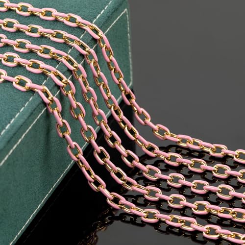 UMAOKANG 2 Meters Pink Enamel Paperclip Chains for Jewelry Making Gold Plated Stainless Steel Jewelry Chain for Necklace Bracelet DIY Jewelry Supplies Findings - color: Pink