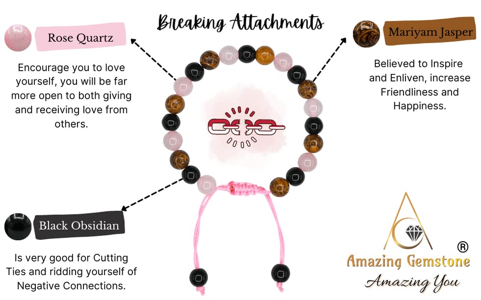 Amazing Gemstone Bracelet for Breaking Attachments Manifestation - Rose Quartz Mariyam Jasper Black Obsidian Bracelet Set for Men Women Healing Calming Anxiety Stress Relief Gifts (Adjustable) - color: Breaking Attachments