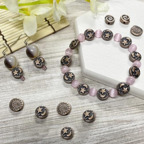 Tibetan Copper Spacer Beads 9mm Flat Round – 69pcs Metal Spacer Beads for Jewelry Making, Bracelets, Necklaces & Earrings DIY Supplies, Antique Silver Zinc Alloy - color: Copper Star and Moon