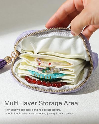 Travel Jewelry Case, Small Velvet Jewelry Bag with Zipper, 5-Layer Anti-Scratch Pouch for Bracelets Necklaces Earrings, Tangle-Free Jewelry Storage, Gift for Her Chenille Velvet Pink - color: Pink