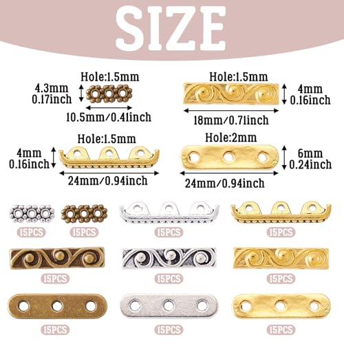 Pandahall 150Pcs 3-Holes Rectangle Spacer Bar Metal Beads 4 Styles Tibetan Multi Strand Separator Link End Bar Mixed Colors for Jewelry Making