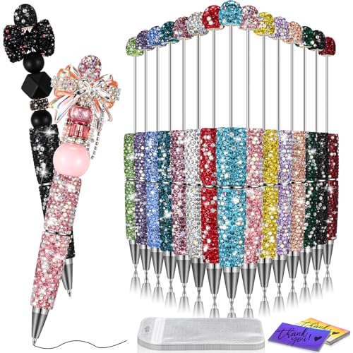 Tondiamo 45 Pcs Full Rhinestone Beadable Pens Bulk Set 15 Glitter Diamond Pens with Cards & Bags Fancy Beaded Pen for Beads DIY Cute Journalling Bling Ballpoint Craft Making(AB Colored Diamonds) - style: AB Colored Diamonds