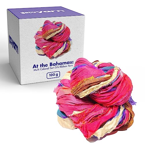 DARN GOOD YARN Recycled Sari Silk Ribbon Yarn “at The Bahamas” Dyeable 100 Grams, 50 Yards, 1 Skein Handmade one of a Kind - color: At the Bahamas