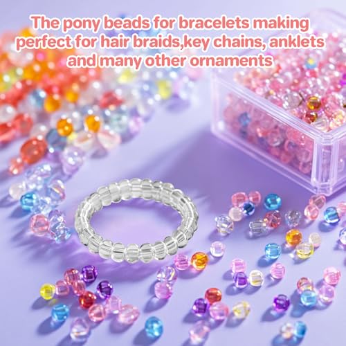 1000+ Pcs Pony Beads Bulk - Sukh 6x9 mm Plastic Bracelet Crystal White Clear Beads for Bracelets Making, Hair Braids, DIY Crafts, Key Chai Making, Home Decor