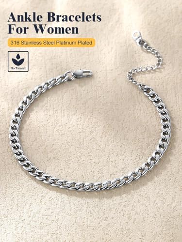U7 Women Girls Barefoot Jewelry 18K Gold or Rose Gold Stainless Steel Heart/Rope/Figaro/Cuban Chain Anklet Foot Bracelet, 25-30 CM Long - color: Stainless Steel-5mm-Curb Chain
