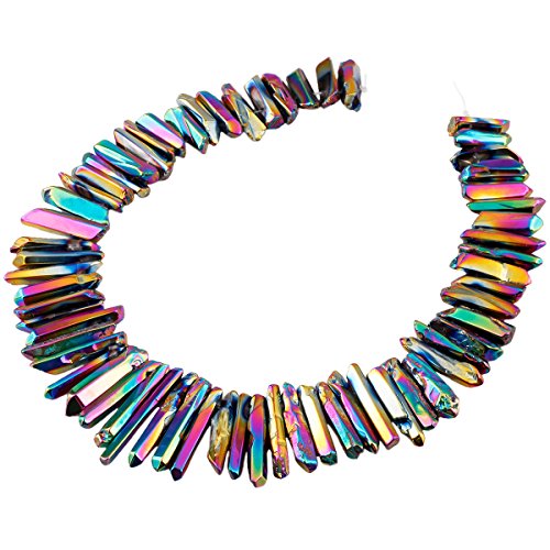SUNYIK Rainbow Aura Titanium Coated Crystal Points Quartz Polished Sticks Spikes Point Beads 15 inch Strand Drilled - color: #3-Rainbow(Polished), size: 0.5"-1.6"